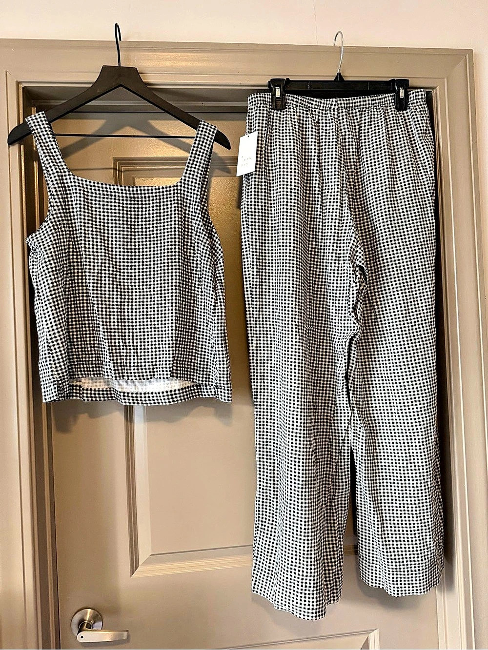 a new day Black and White Gingham Linen-Blend Tank and Pants Set